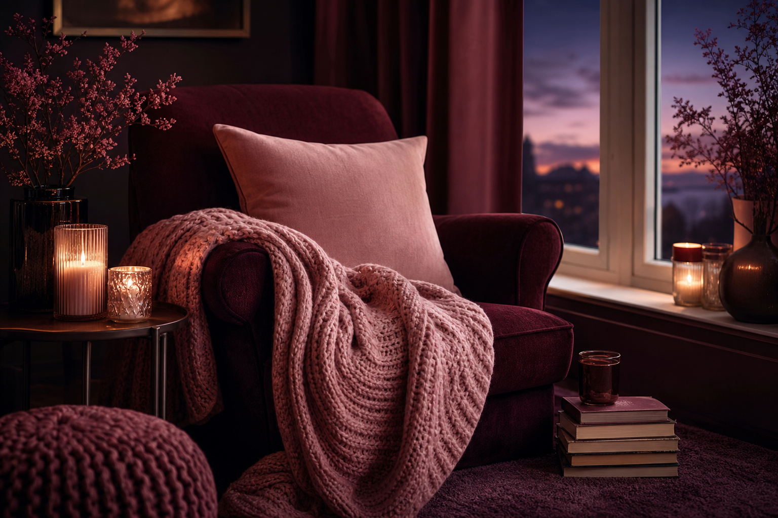 Organmoveorganic twilight relaxation corner with candle and armchair